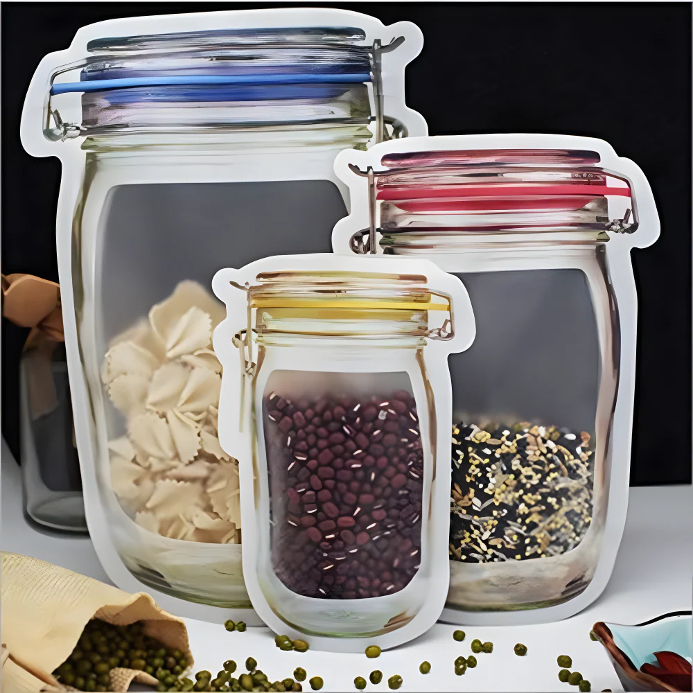 Jar-shaped ziplock pouch with metal clip, small pouch filled with dark red beans