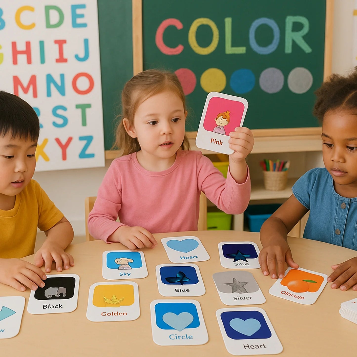 Kids color and shape flashcard showing pink square with face icon