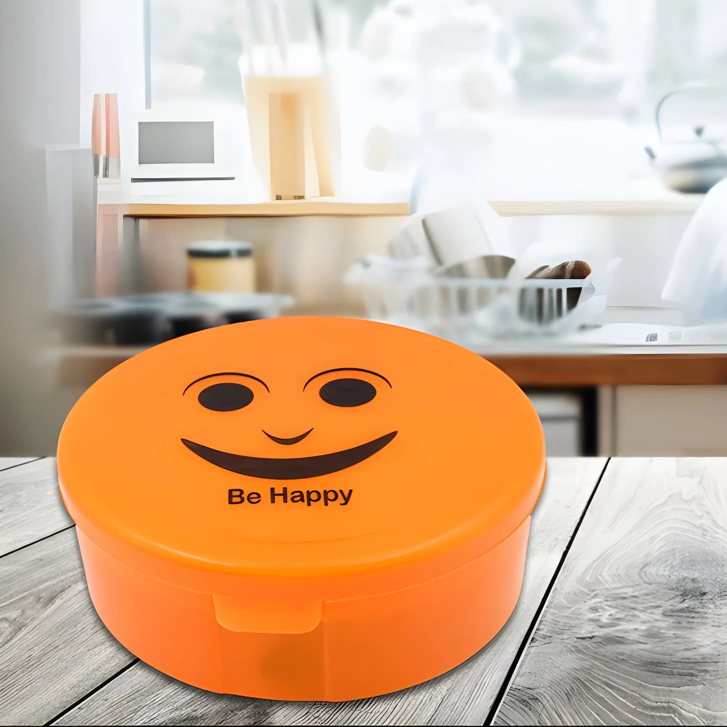 Orange kids’ 2-in-1 lunch box with smiling face, Be Happy
