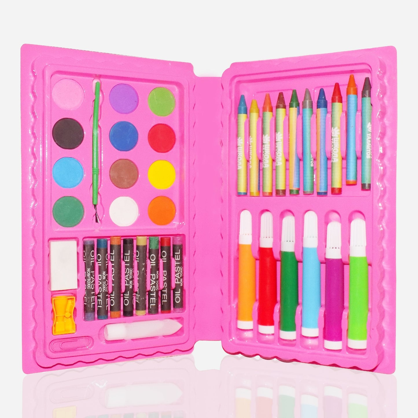 Kids art color kit open case with colored pencils, crayons, and paint pots