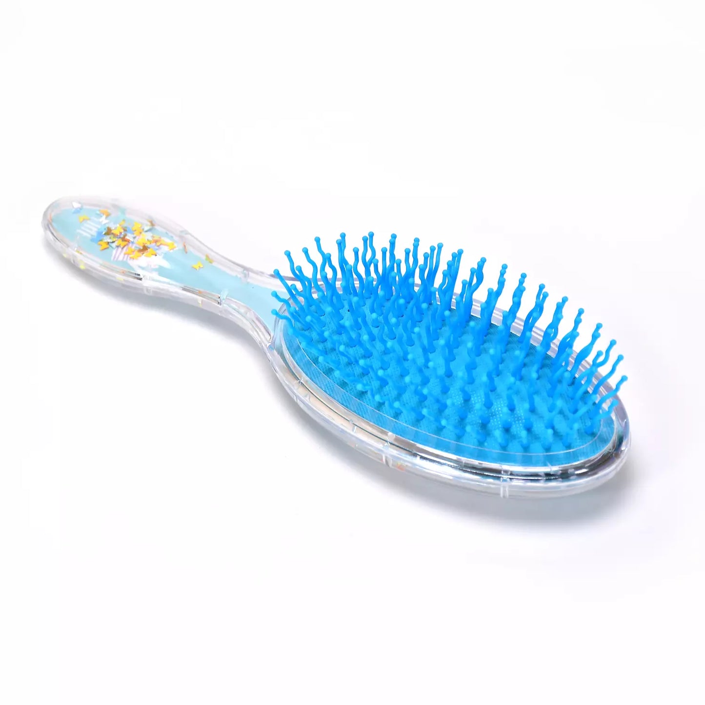 Kids’ detangling hair brush with blue bristles and clear oval handle