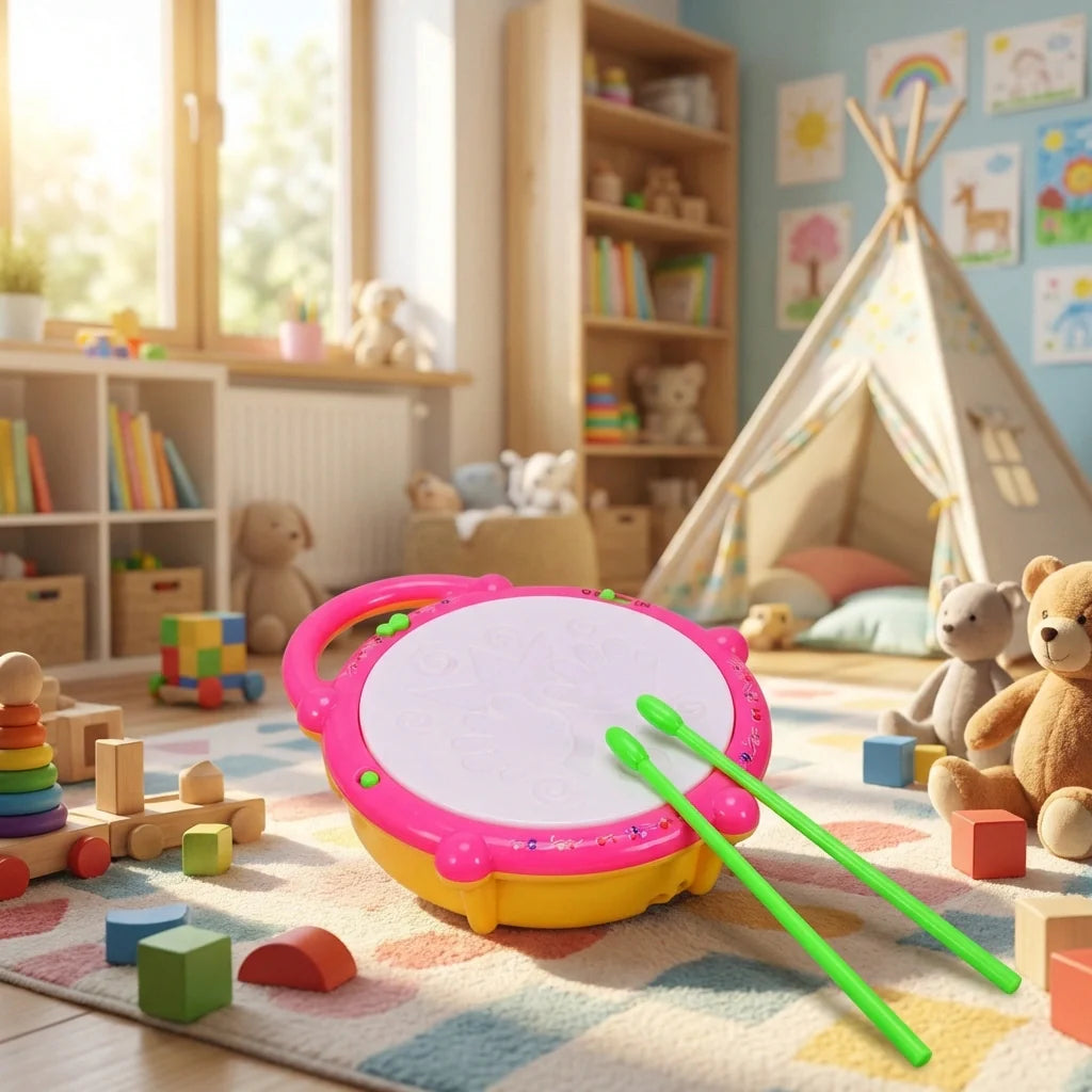 Kids flash drum toy with pink rim, white drumhead, and green mallets