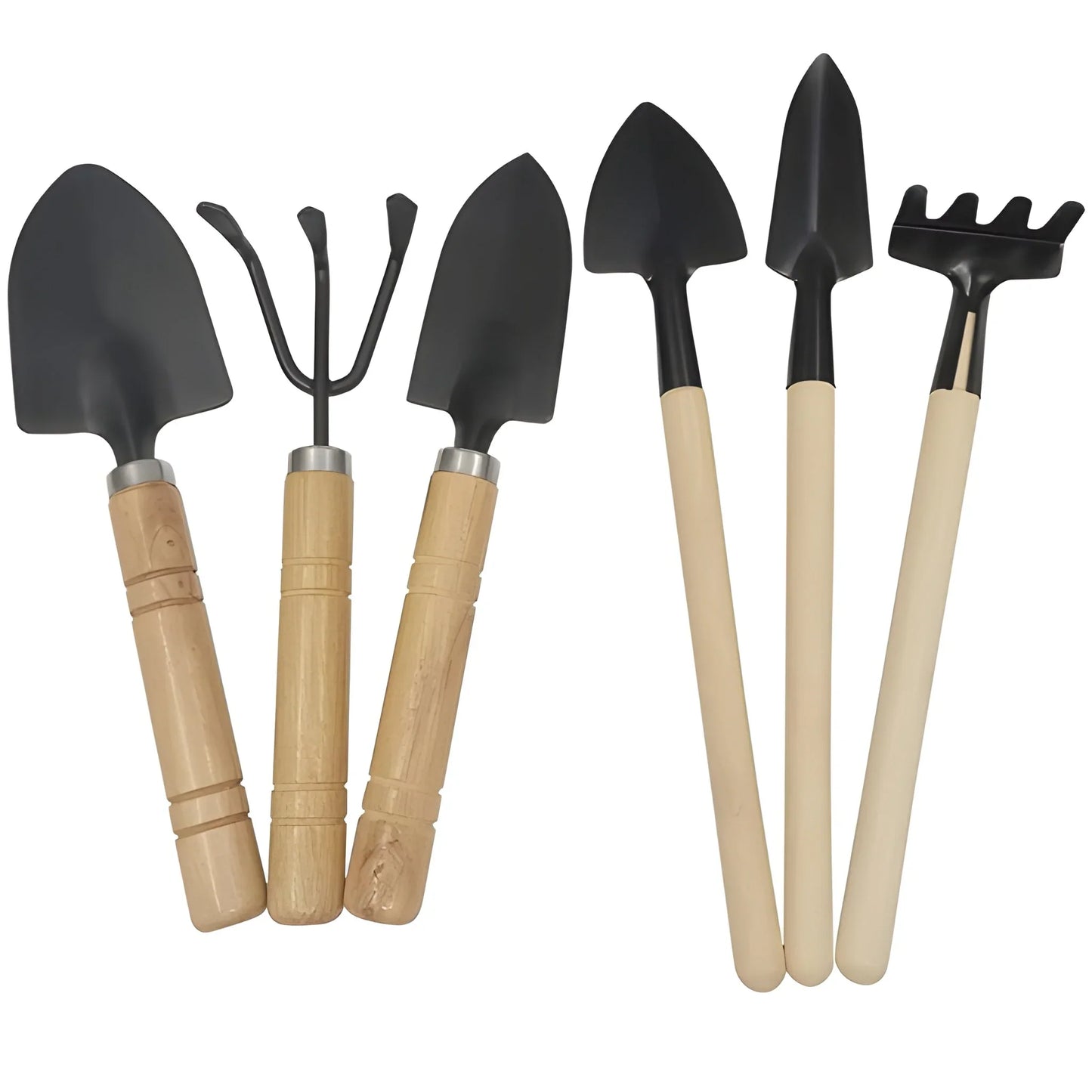Kids garden tools set with black heads and light wood handles, 3-piece