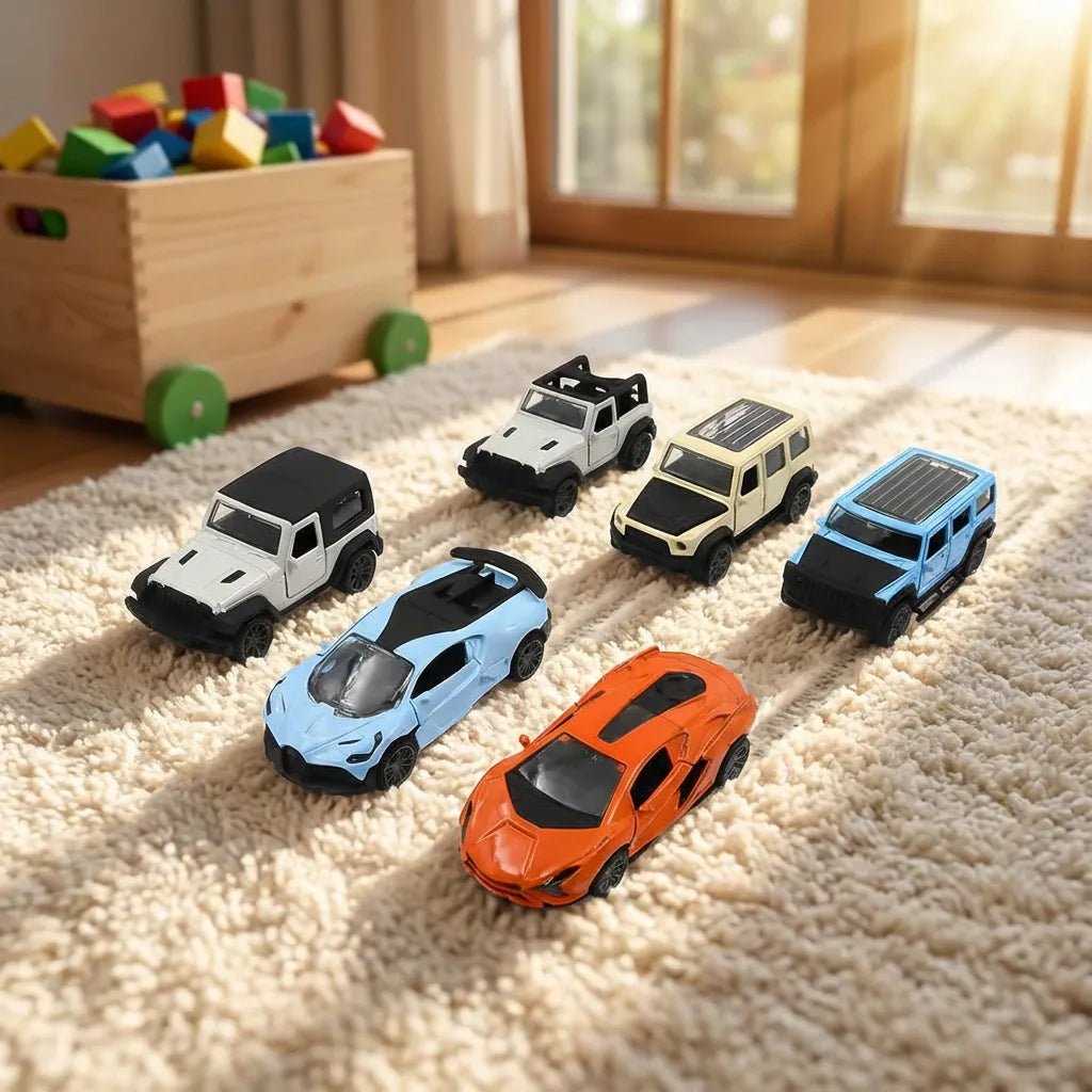 Mini pull car toys in white, light blue, and orange with black wheels
