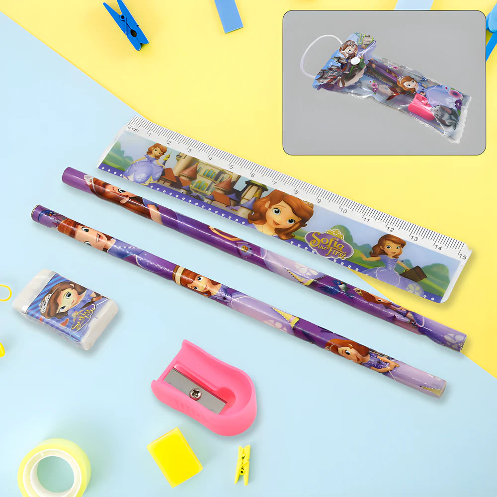 Kids stationery set with purple character pens, ruler, pink eraser, tape, clips