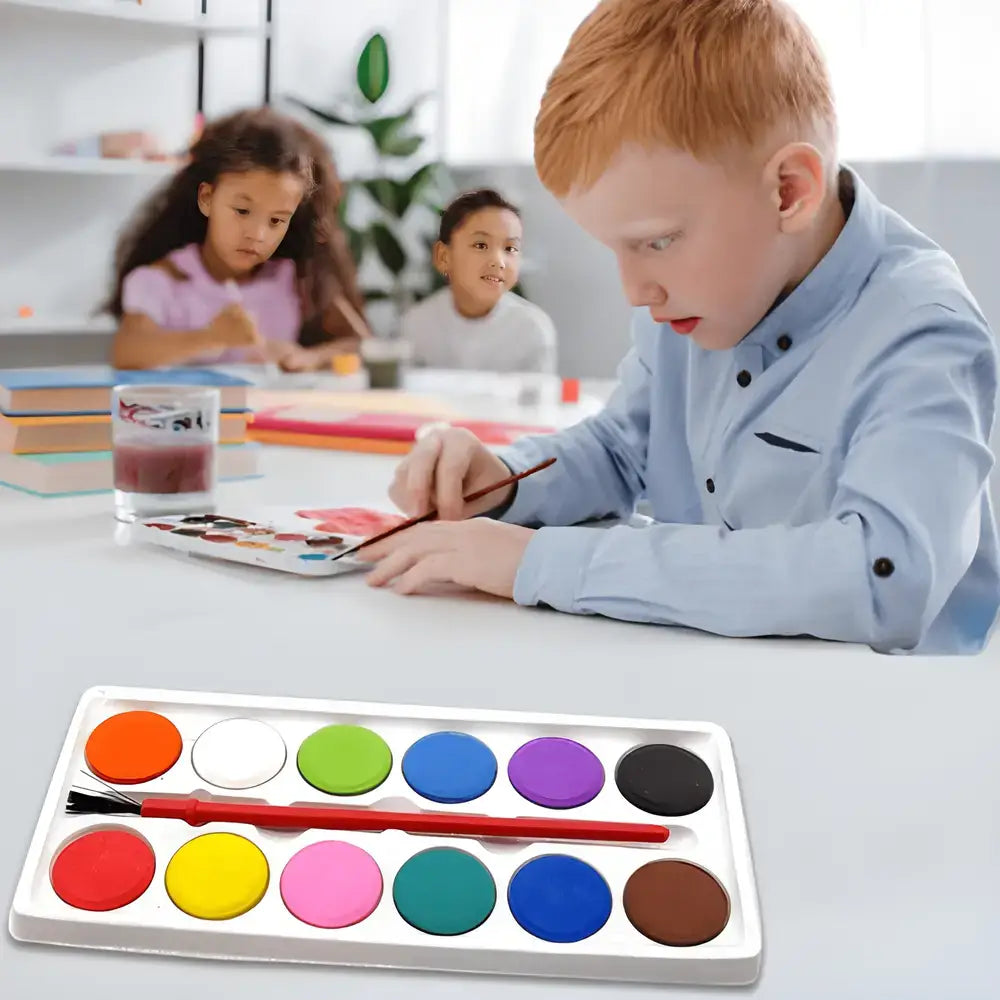 Kids watercolor painting kit: multi-color paint pan tray with included brush