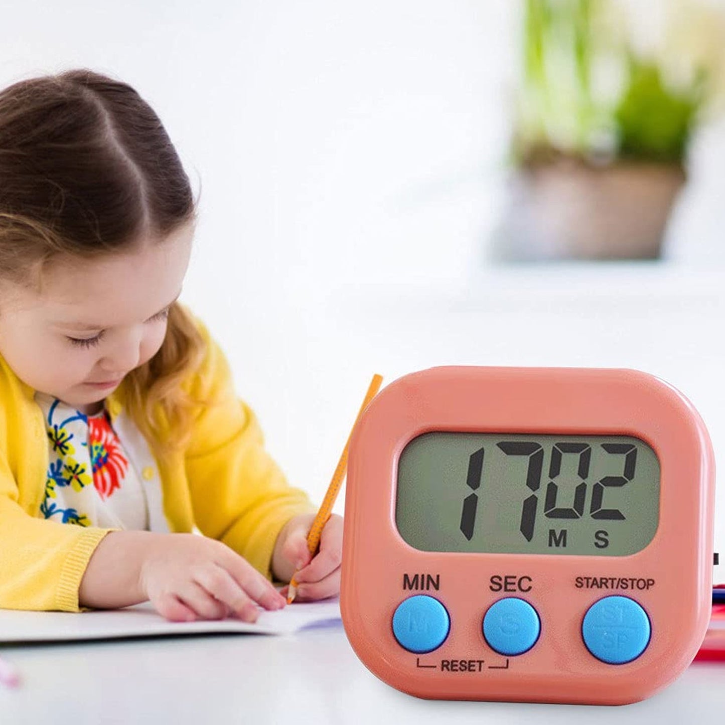 Orange large display digital timer with LCD screen and start/stop and reset buttons