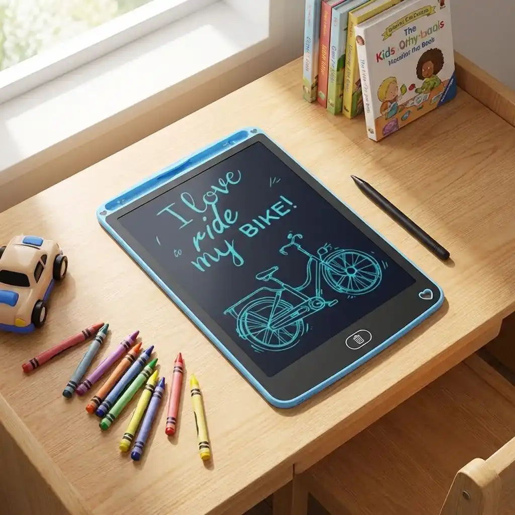 Blue LCD writing tablet displaying teal bike sketch and "ride my bike!" text