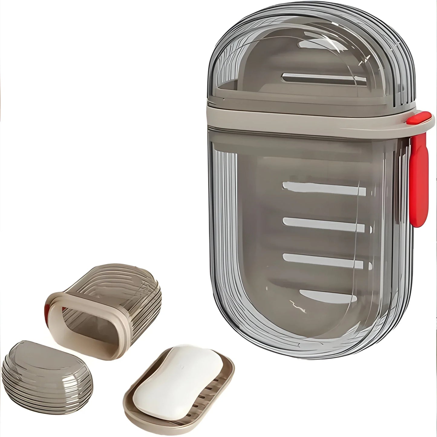 Leak-proof soap case, gray translucent with red handle; open and closed.