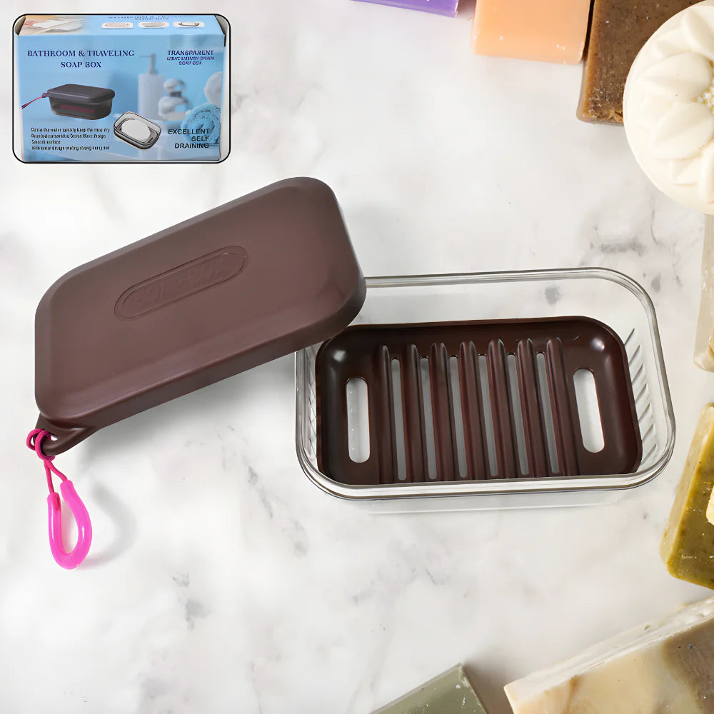 Leakproof soap travel box, dark brown lid open to reveal draining ridged tray
