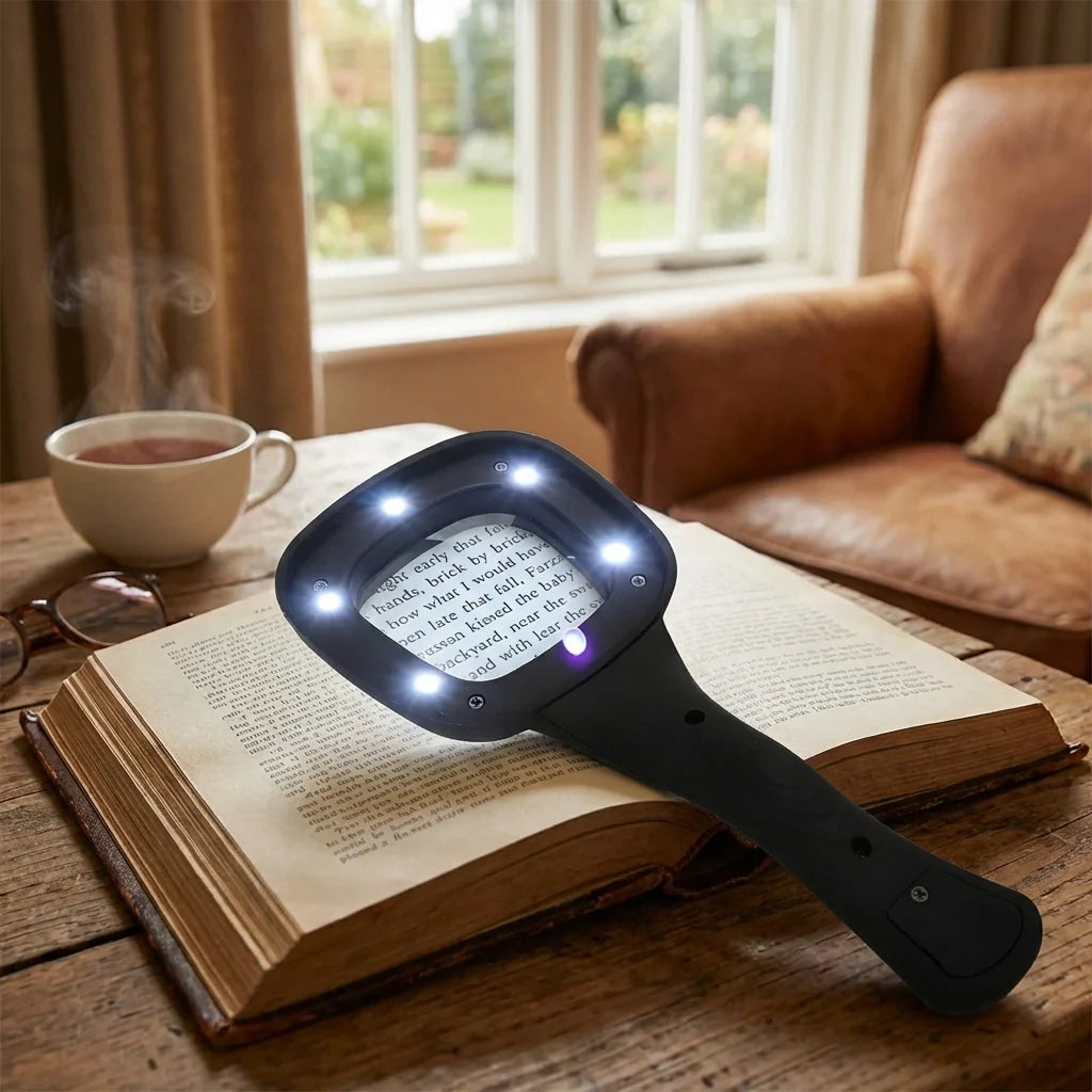 Handheld LED magnifying glass with illuminated lens on open book on wooden table