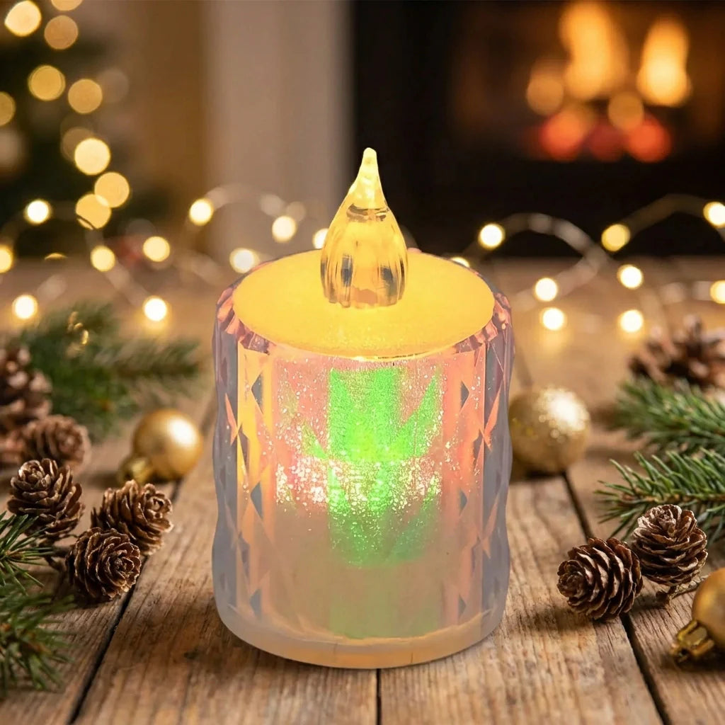 LED tealight candle with glowing flame in iridescent glass-style holder