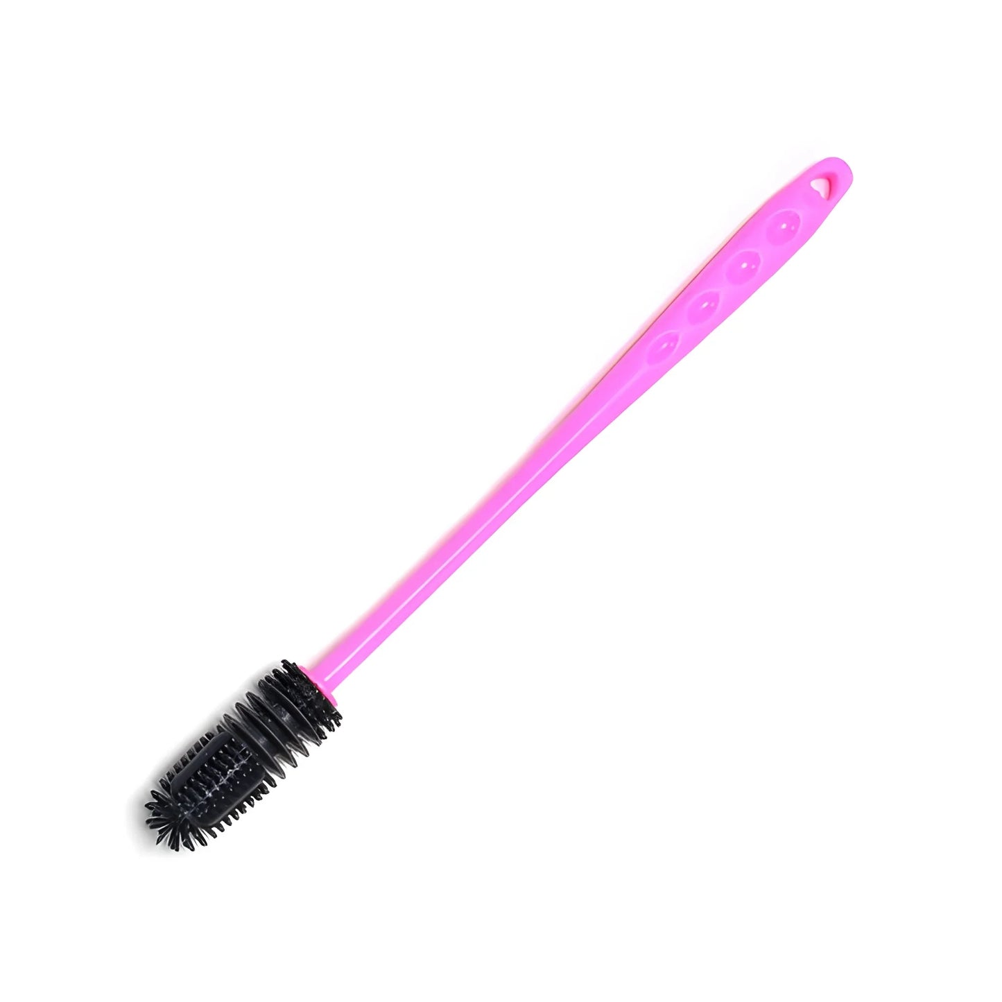 Long bottle cleaning brush with pink handle and black bristles, long slim head