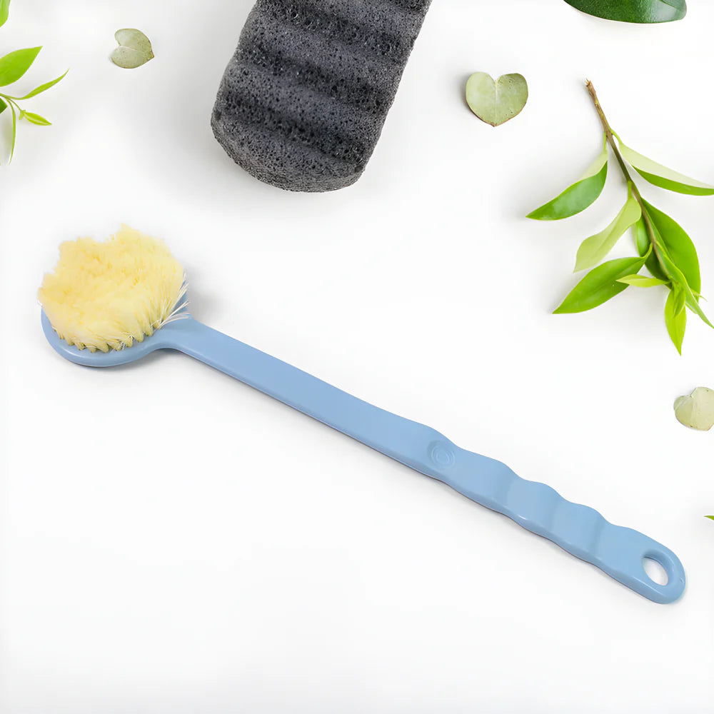 Long handle bath brush with gray scrub head and blue handle
