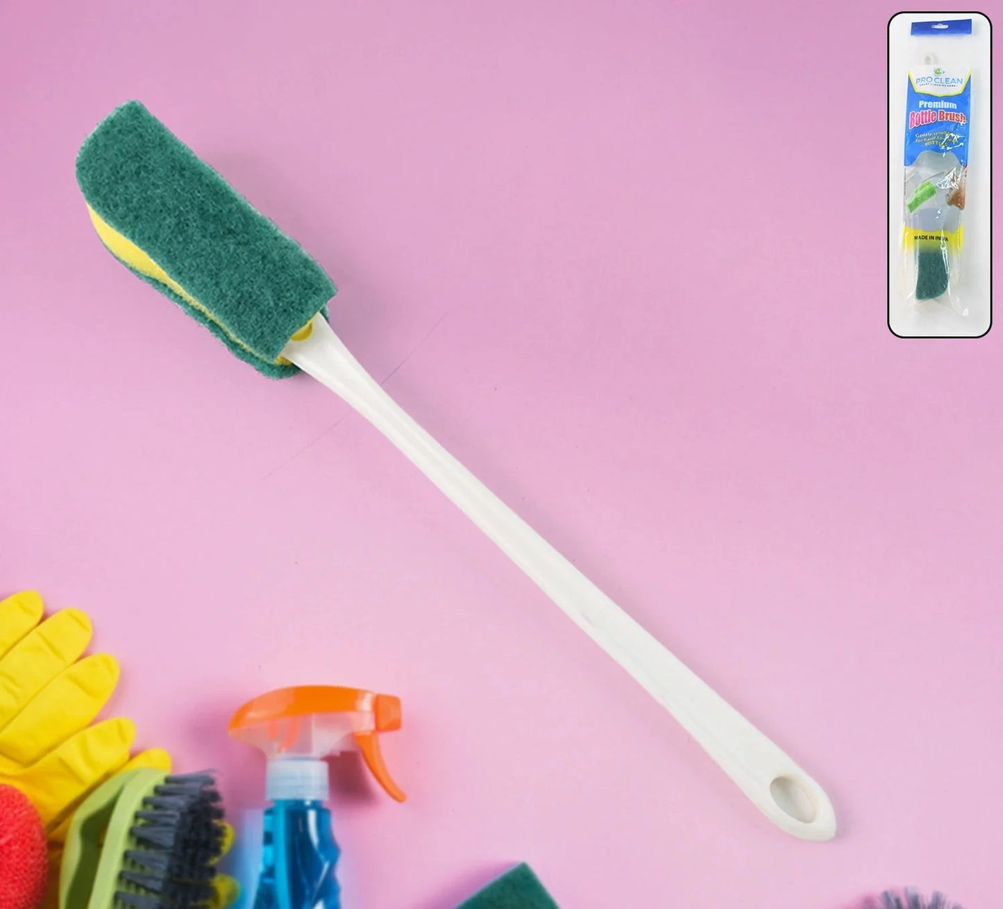 Long handle bottle brush with green scrub head