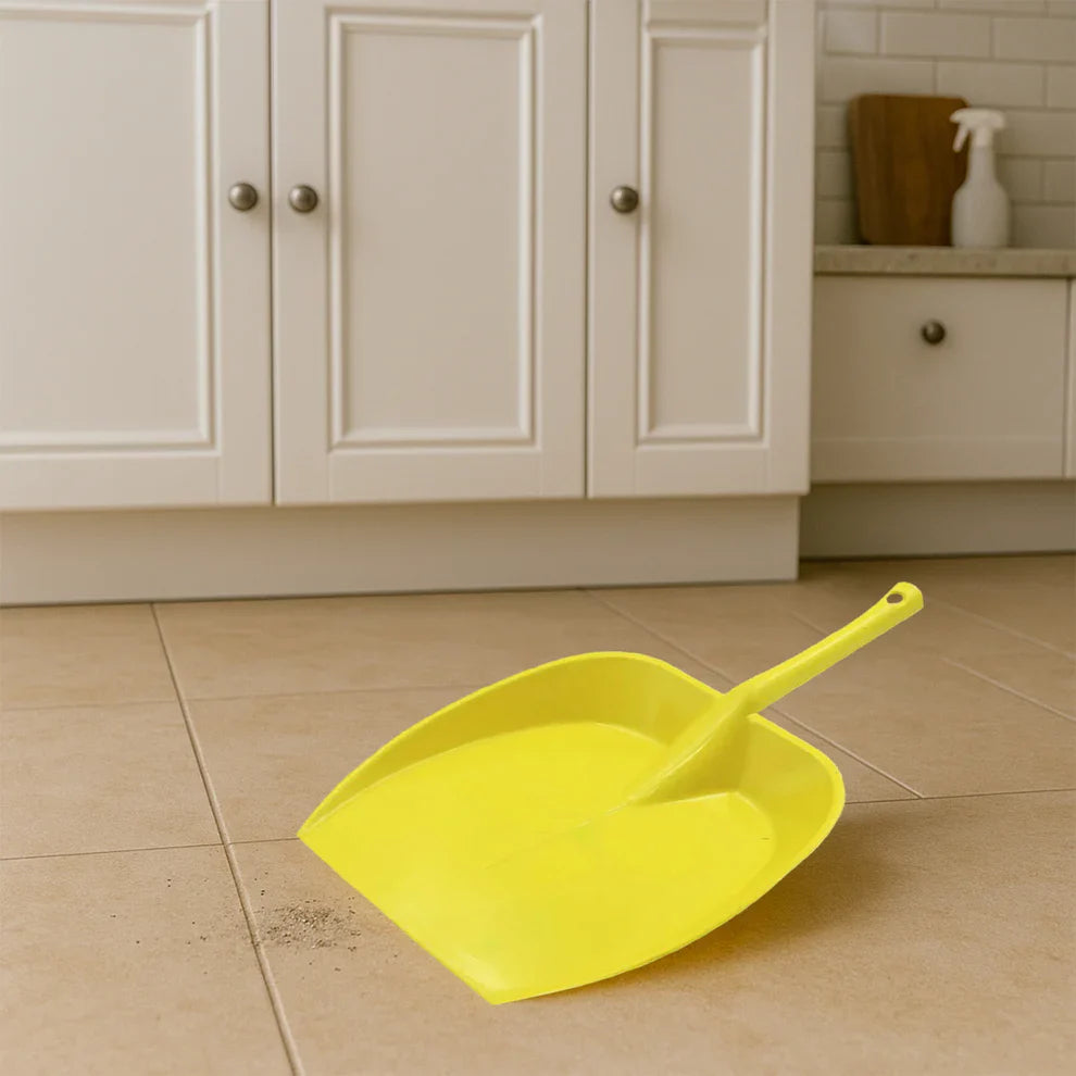 Yellow long-handle dustpan with wide scoop for sweeping debris