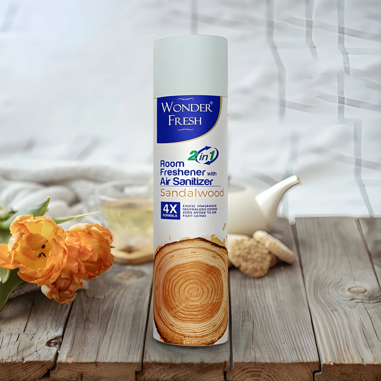 Room air freshener spray bottle with sandalwood label and white nozzle