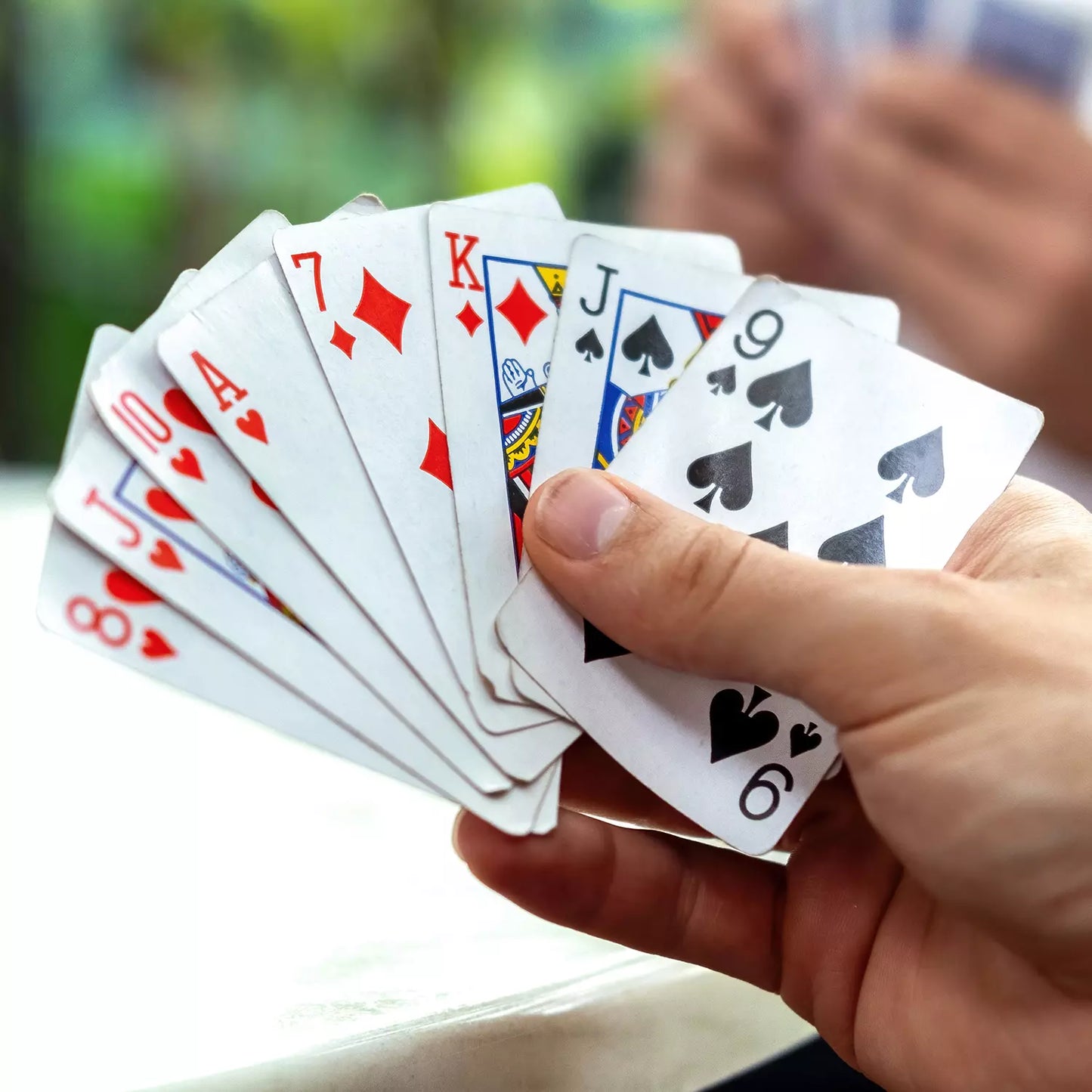 Luxury deck of playing cards fanned in hand, showing red and black court cards