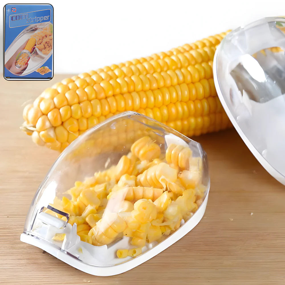 Plastic corn stripper with corn kernels and corn cob, includes scraper head