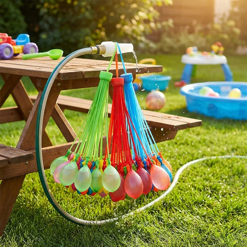 Magic water balloon launcher set with multicolor balloons and hose