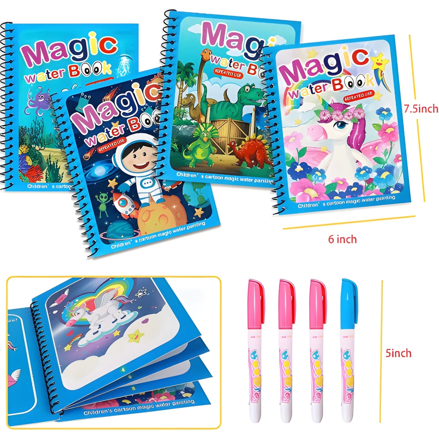 Magic water coloring book set with spiral-bound books and colored water pens