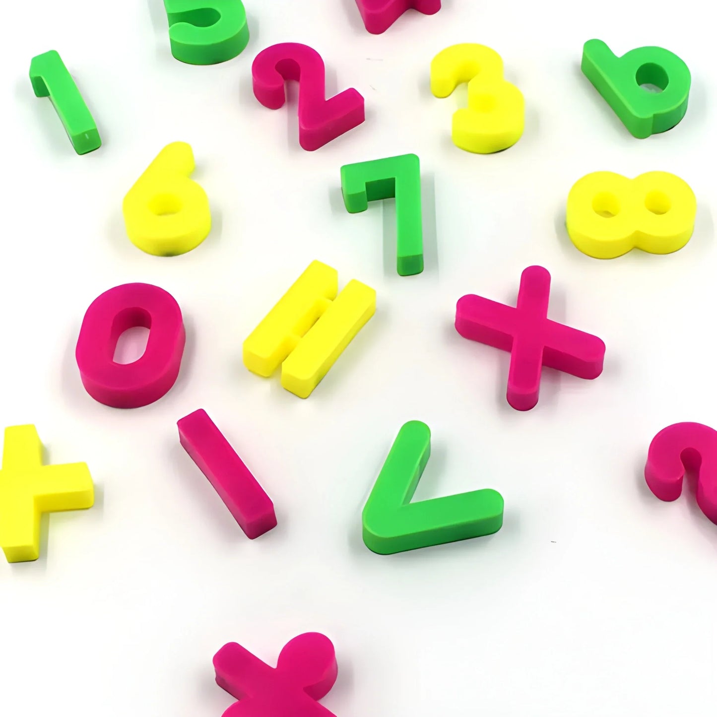 Colorful magnetic number tiles: green, yellow, pink plastic letters and digits