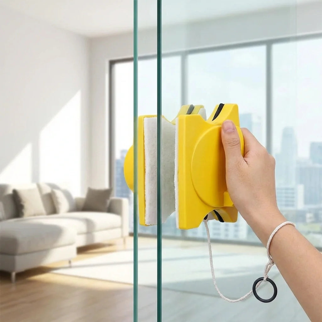 Yellow magnetic window glass cleaner with cleaning pad and corded handle