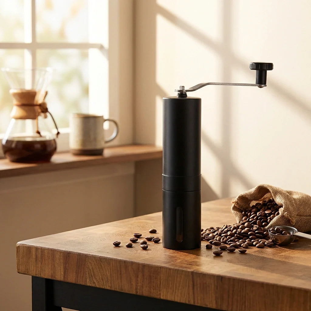 Manual coffee grinder with black body and hand crank handle