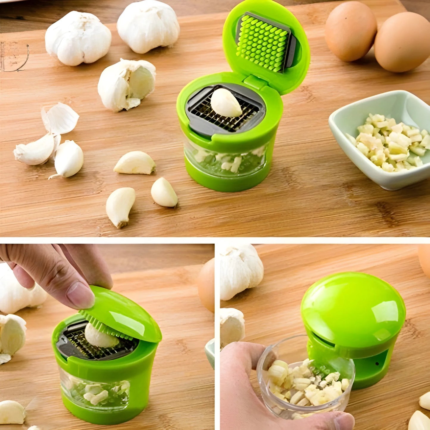 Green manual garlic ginger crusher with grated ingredient chamber and handle