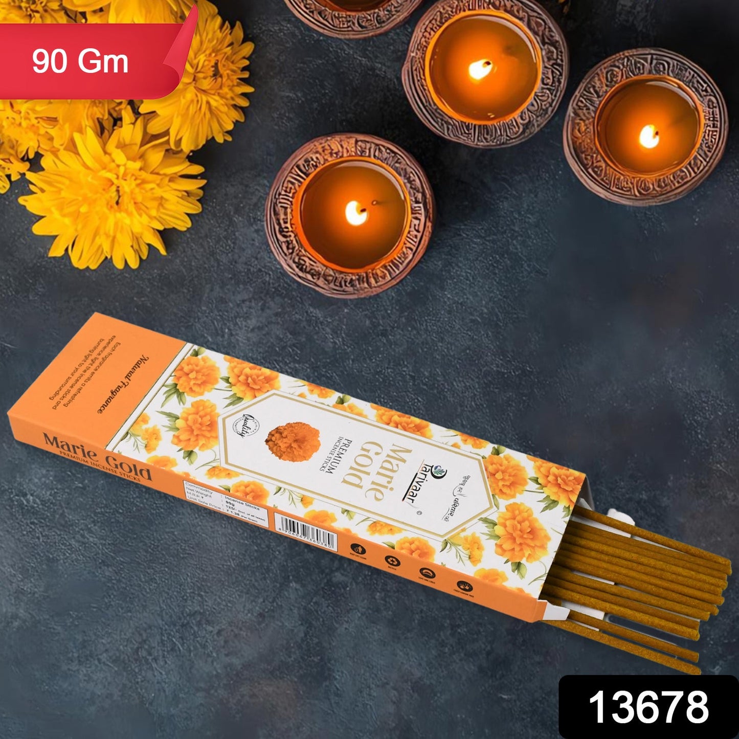 Marigold incense sticks box (90 g) with a bundle of wooden sticks