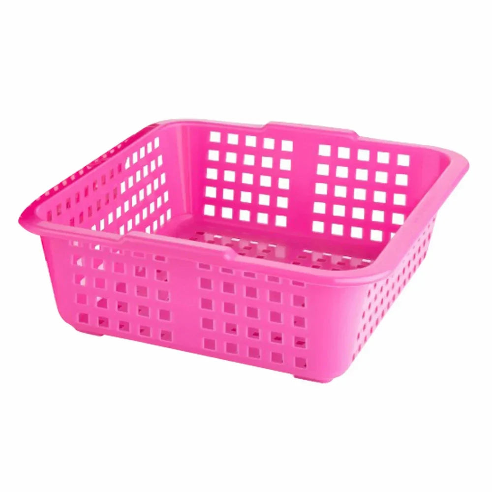 Medium fruit basket with perforated sides, pink plastic, rectangular