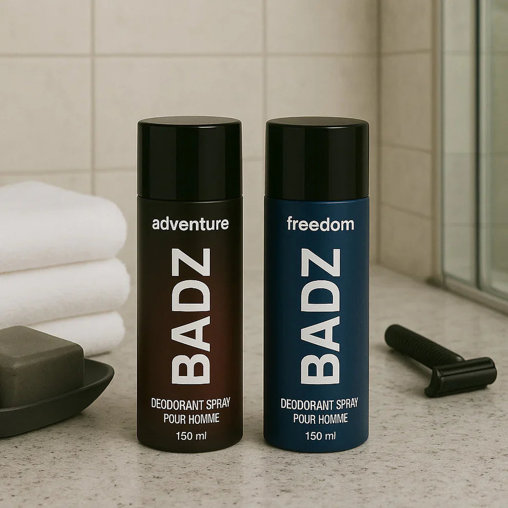 Deodorant spray cans: adventure 150 ml, freedom 150 ml, black and blue