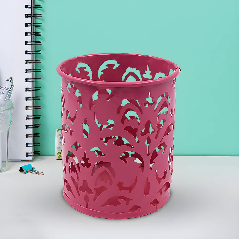 Pink mesh desk pen holder with cutout pattern and open top