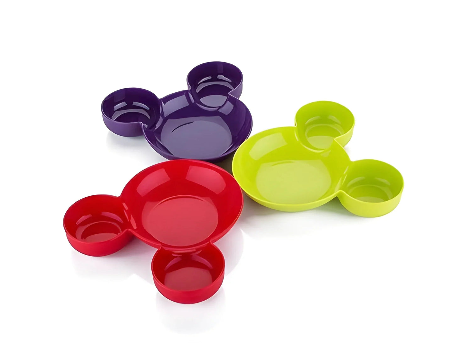 Kids sectioned snack plate with multiple compartments in red, green, and purple