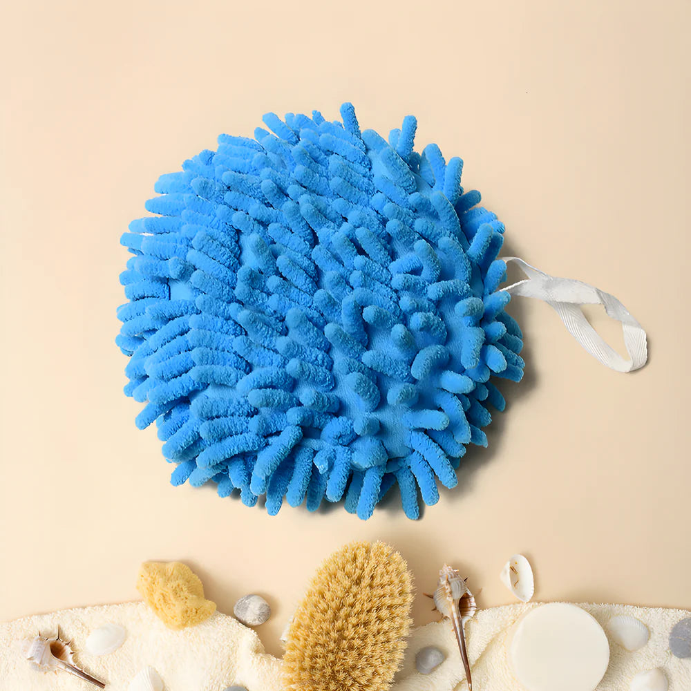 Blue microfiber mitt duster with textured nap and hanging loop