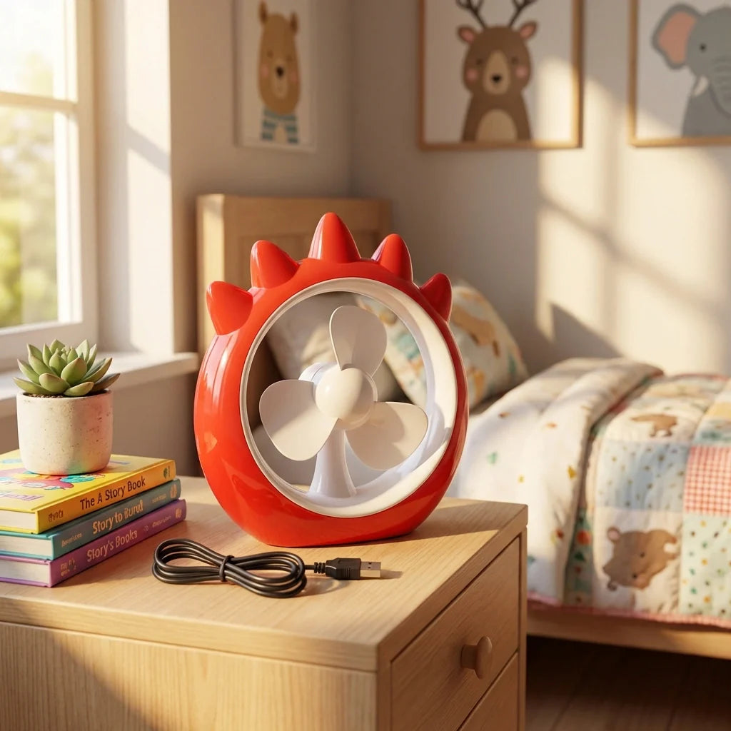 Red rechargeable mini desktop fan with visible white blades