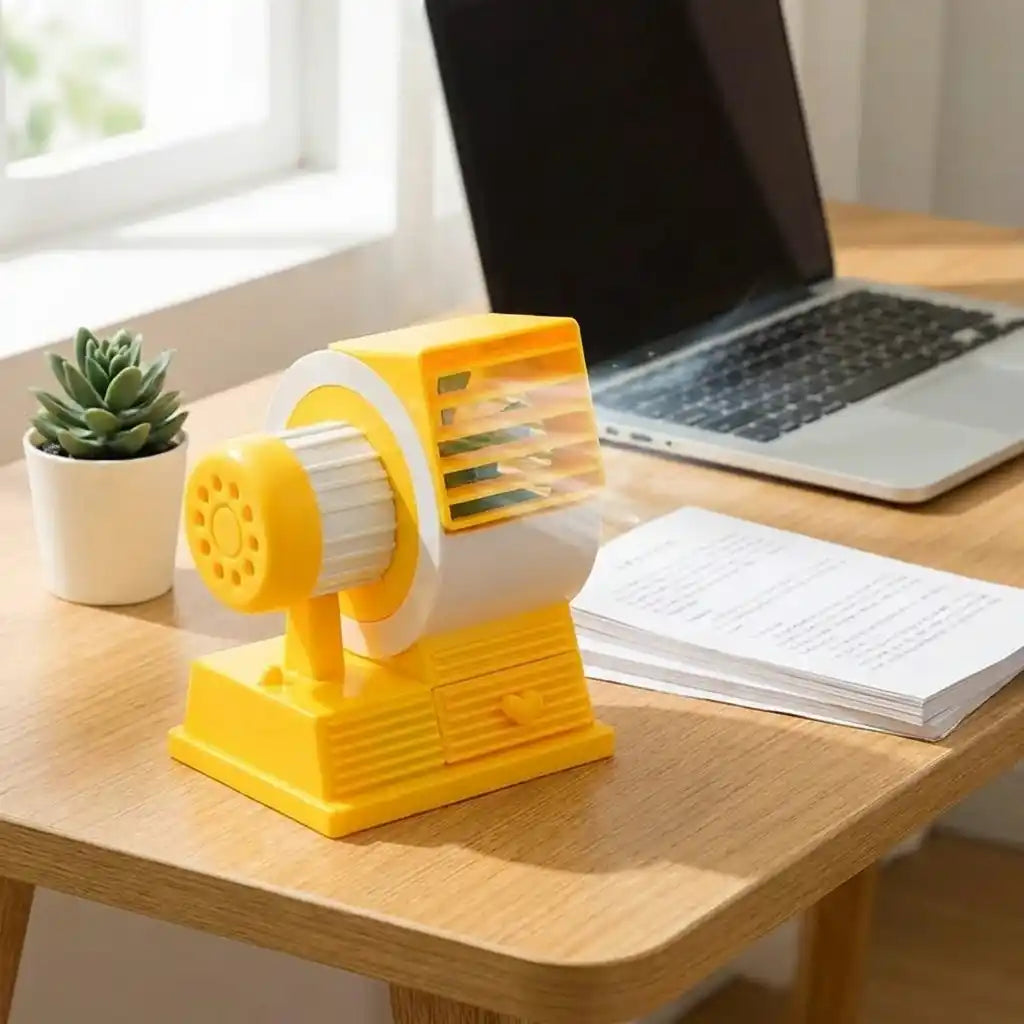 Mini USB fan with yellow blades and white ring, placed on a desk near open pages.