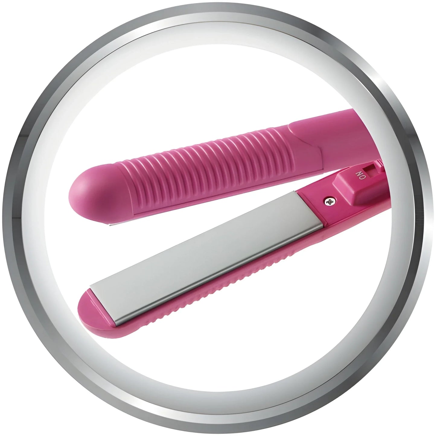 Mini dual hair straightener and curler with pink plates and finger grip