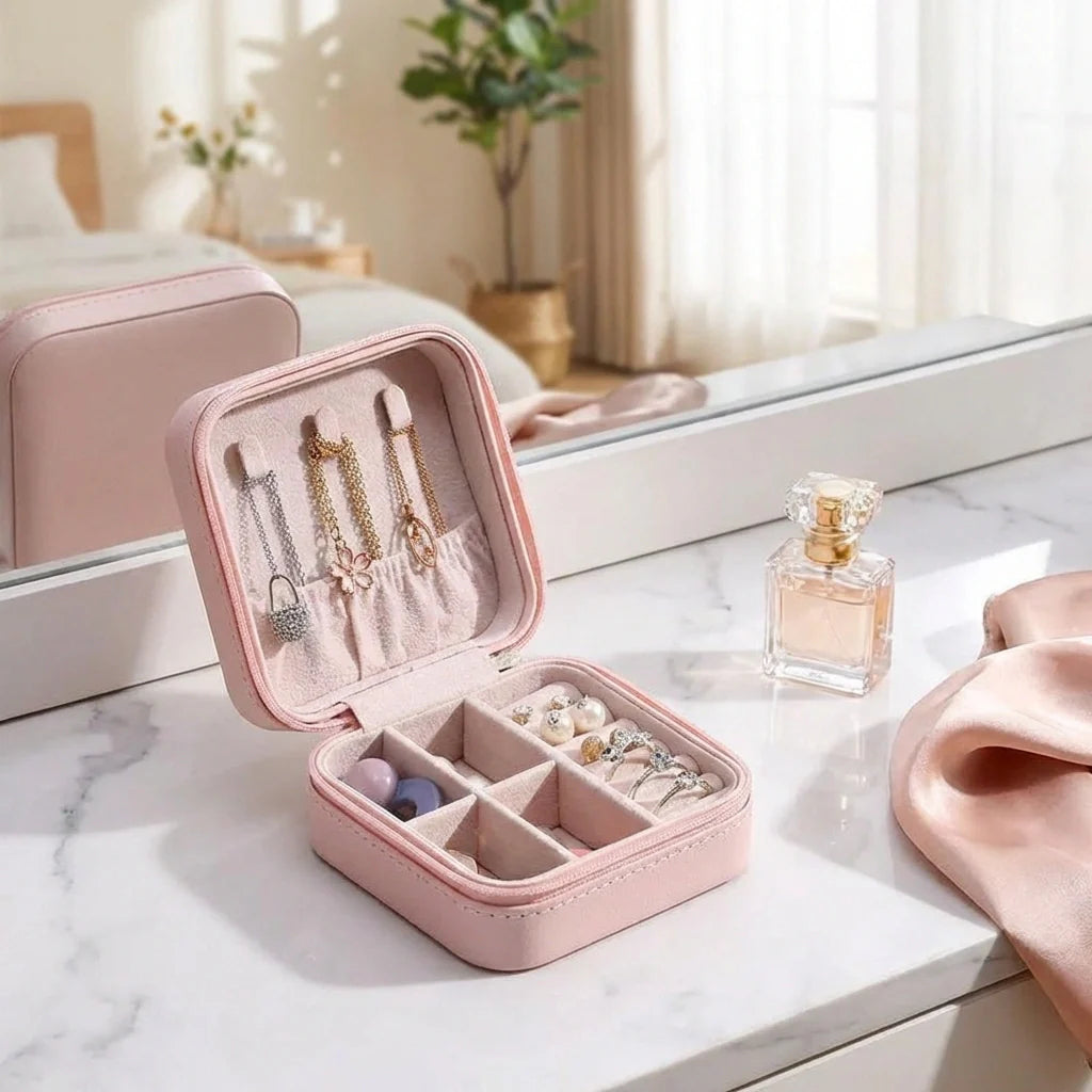 Mini jewellery box, open with padded compartments and ring and earring storage