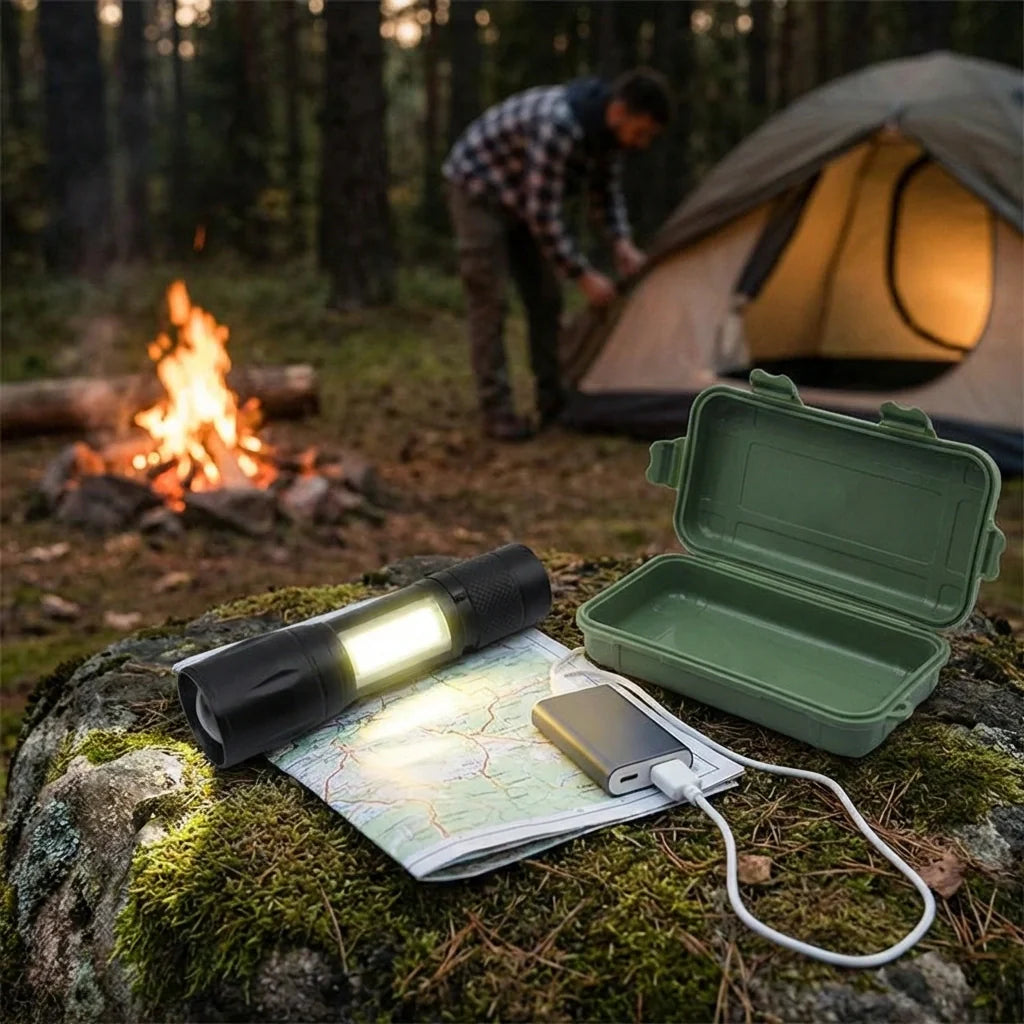 Mini LED rechargeable flashlight with green protective case and charging cable