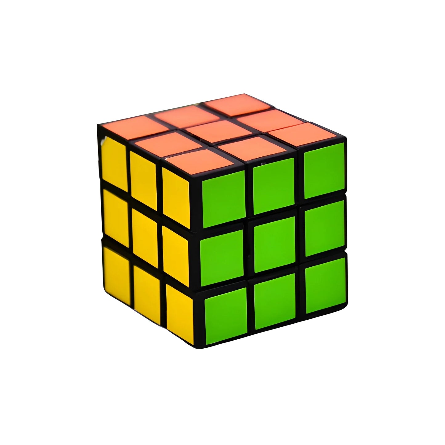 Mini magic puzzle cube with orange top, yellow and green sides, black grid lines
