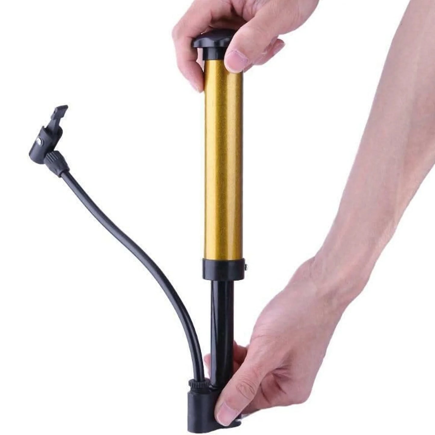 Portable mini metal ball pump with gold barrel, black base and hose nozzle