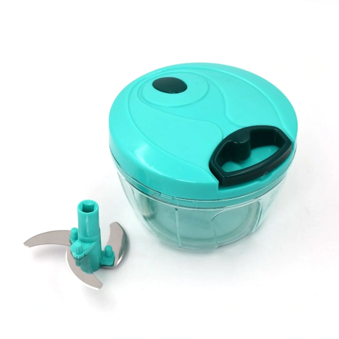 Mini plastic vegetable chopper with turquoise lid, clear bowl, and metal blade