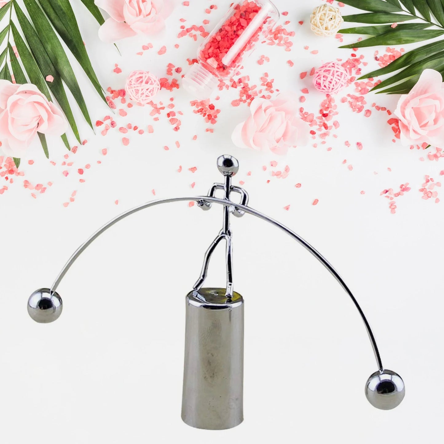 Mini steel balance toy with hanging central cylinder and three metal balls