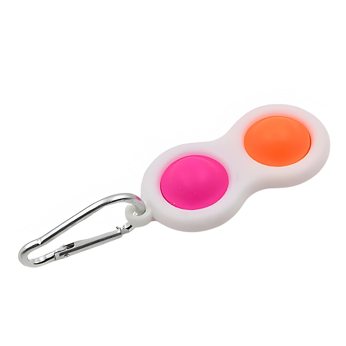 Mini fidget keychain with white silicone case and two pop bubbles, orange and pink