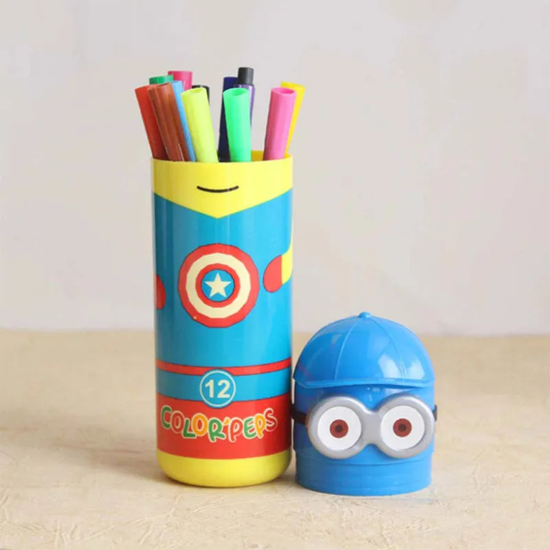 Character-themed pencil pen set with 12 colored pens in a cylindrical holder