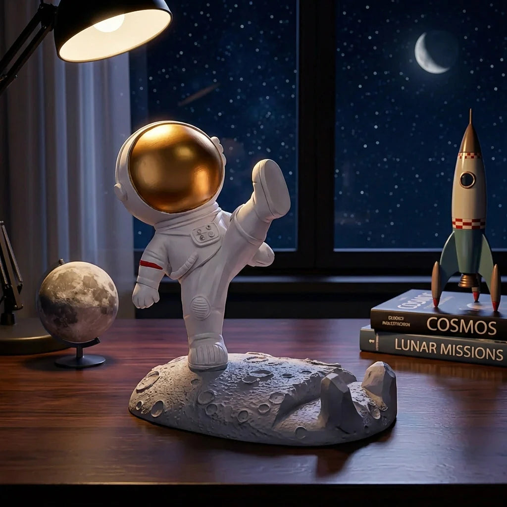 Astronaut phone stand with white suit, gold helmet, and rocky base