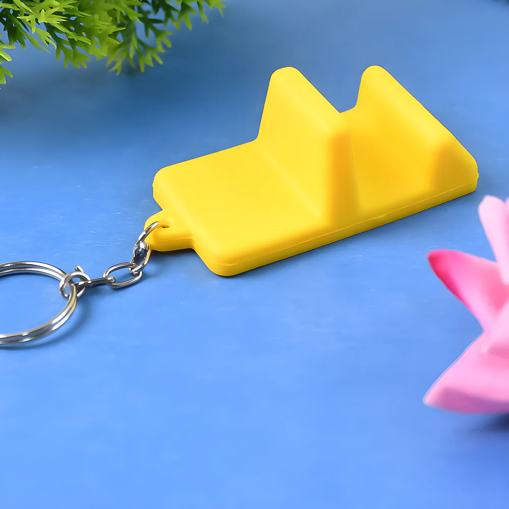 Yellow mobile stand keychain with metal keyring and chain