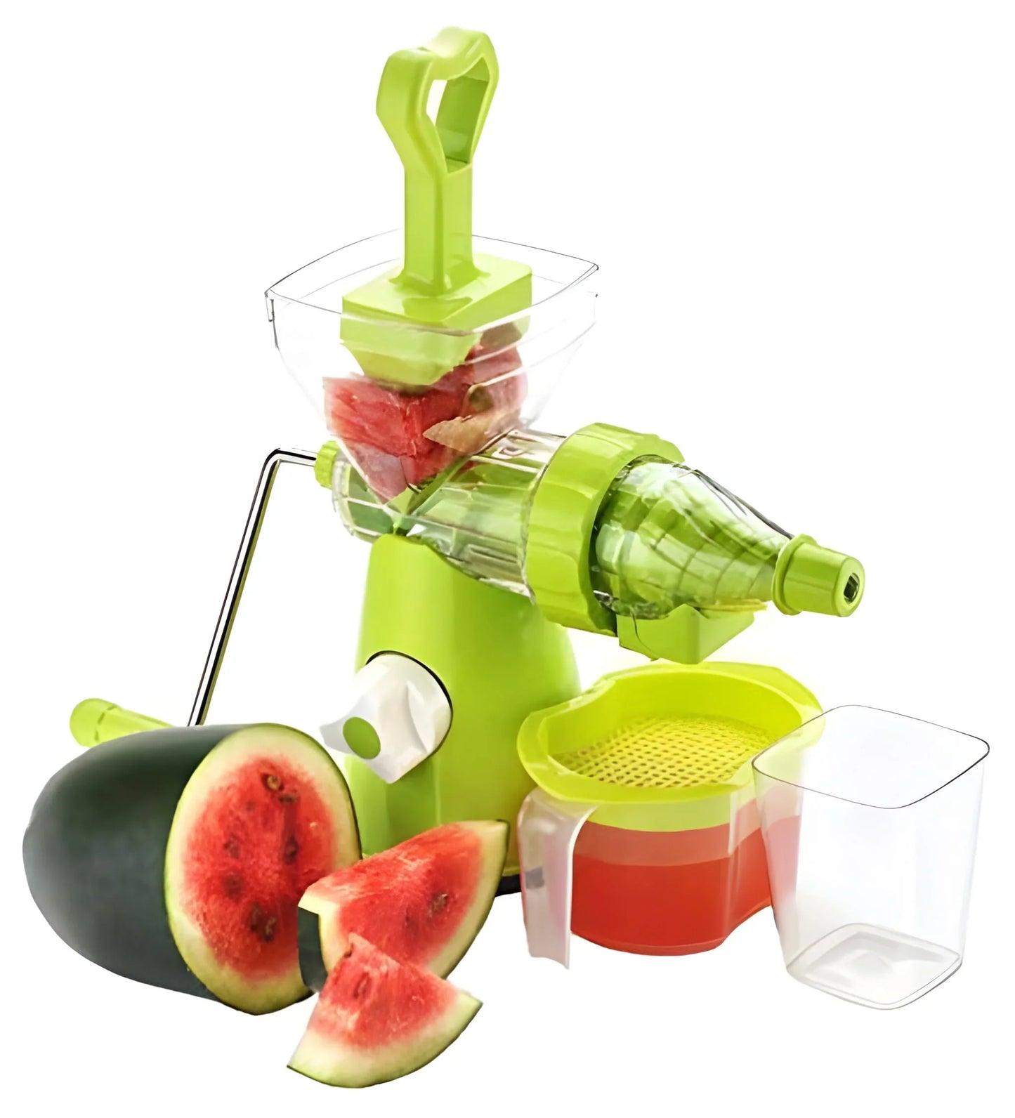 Manual plastic juicer in green with handle, strainer and juice container, with watermelon pieces