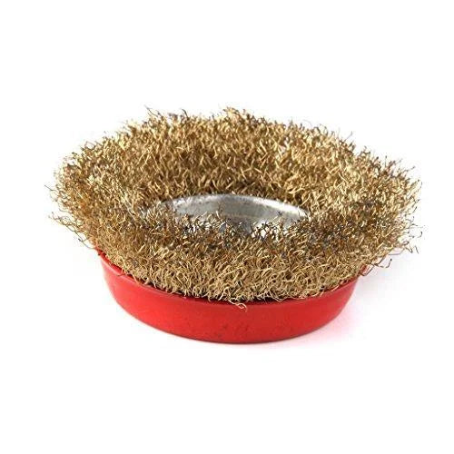 Round wheel cleaning brush head with bronze bristles and red base